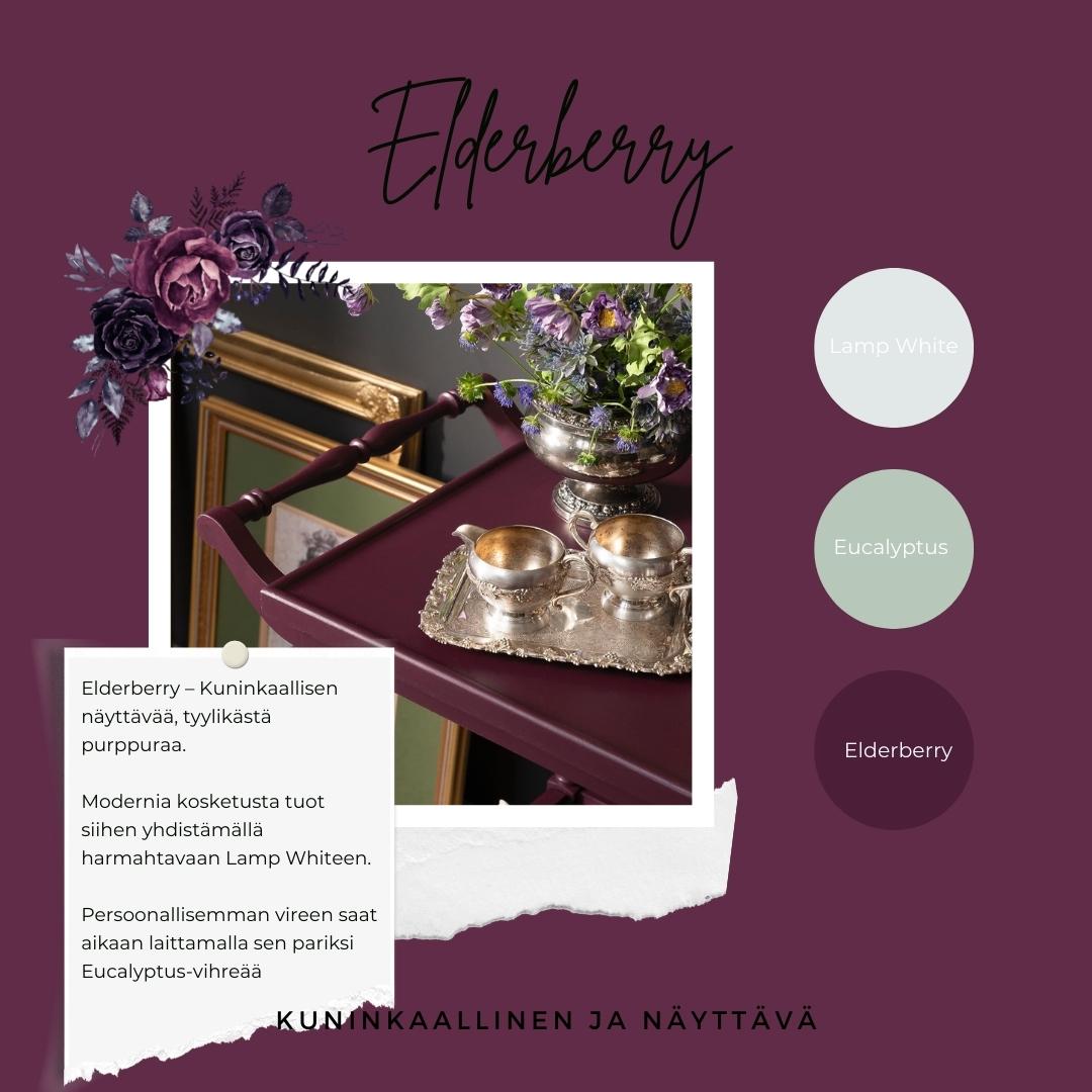 Elderberry – Kuninkaallisen näyttävää, tyylikästä purppuraa. Tämä violetinpunaiseen vivahtava sävy tuo kotiisi herkullisen, laskelmoidun tilkan tunnelmallisuutta. Fusion Mineral Paint on loistava valinta niin diy harrastajalle kuin ammattilaiselle. Entisöinti ja perinnemaalaus onnistuu myös Fusionilla. Sävyjä on yli 60. Fusion on myrkytön ja helppo mineraalimaali. Kalkkimaali ja huonekalumaali kalpenee tämän rinnalla!