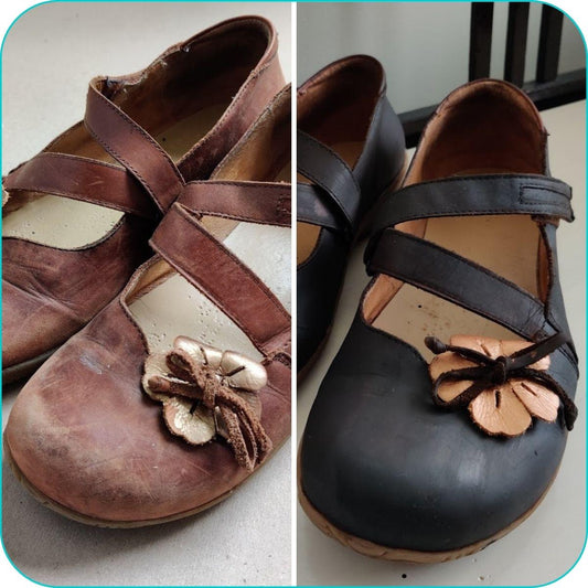 Nahkakengät ennen ja jälkeen. Uusi öljy kengissä on Fusion Stain and Finishing Oil sävy Cappuccino. Kenkien kukka on maalattu Fusion Mineral Paint metallimaalilla Bronze.