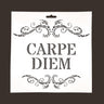Carpe Diem -tekstisabluuna, koko 30 × 30 cm. Kaksirivinen latinankielinen teksti sekä koristeelliset lehti- ja kiehkuraornamentit ylä- ja alapuolella. Pestävä ja uudelleenkäytettävä sapluuna.
