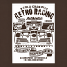 Valkoinen A4-kokoinen maalaussabluuna, jossa on edestä kuvattu retro-kilpa-auto, RETRO RACING- ja WORLD CHAMPION -tekstit sekä ruutulippukuvio.