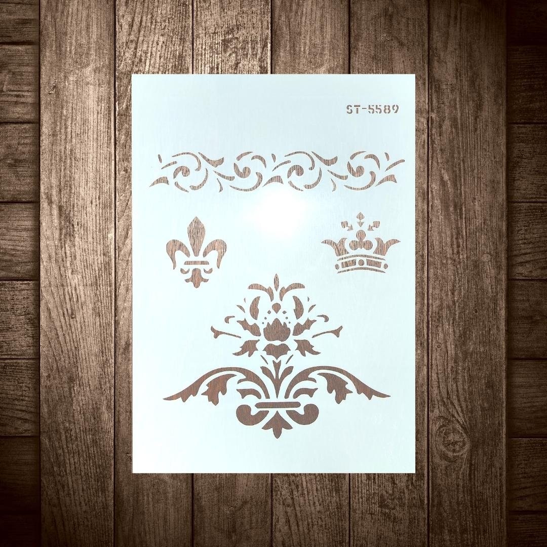 Kruunu, ornamentti ja ranskanlilja-aiheinen sabluuna.  Koko: A4  Sabluunat toimitetaan kirjekuoressa kirjepostina.