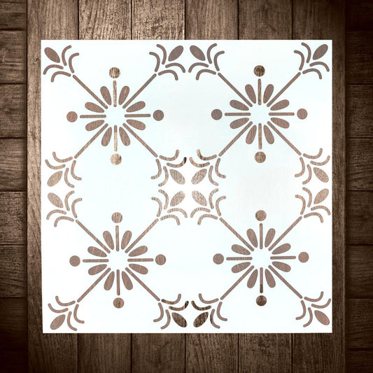 Kukkakuvioinen kaakelisabluuna esimerkiksi lattian koristeluun.  Koko: 30 x 30 cm